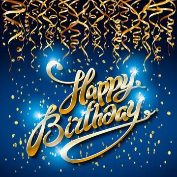 Concept party on blue dark background top view happy birthday gold confetti v Stock Illustration