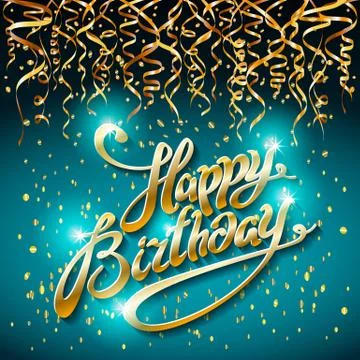 Concept party on blue dark background top view happy birthday gold confetti v Stock Illustration