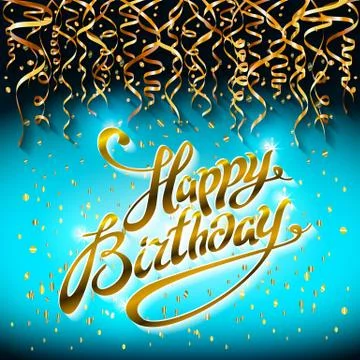 Concept party on blue dark background top view happy birthday gold confetti v Stock Illustration