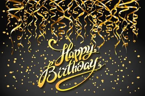 Concept party on dark background top view happy birthday gold confetti vector Stock Illustration