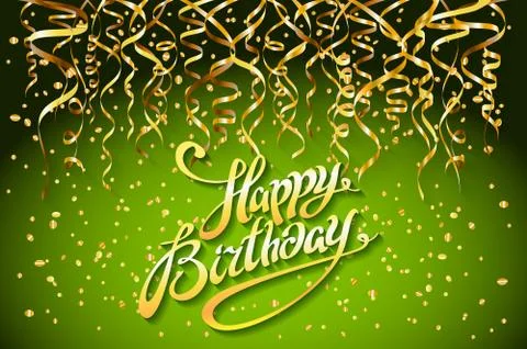 Concept party on green background top view happy birthday gold confetti vecto Stock Illustration