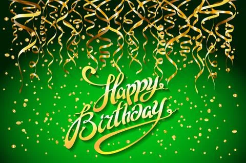 Concept party on green background top view happy birthday gold confetti vecto Stock Illustration