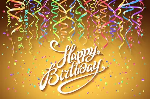 Concept party on orange background top view happy birthday confetti vector -  Stock Illustration