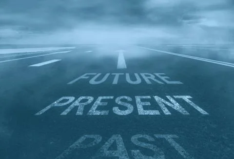 The concept of the past, present, future. Desert road in the mist Stock Photos