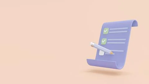 Concept pencil and checklist 3D. Clipboard and pencil on Yellow background,.. Illustrazione stock
