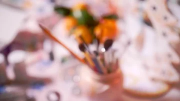 The concept, pencils and bones used in the paint stand on the table. 스톡 동영상 85884739