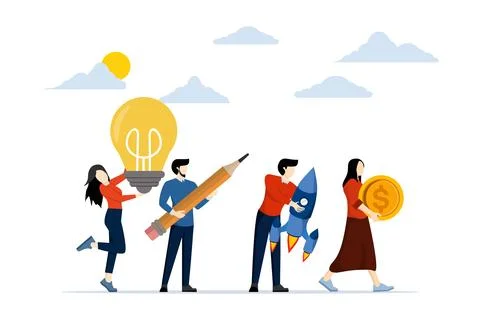Concept of people building a startup, teamwork and business development. Ilustración de archivo