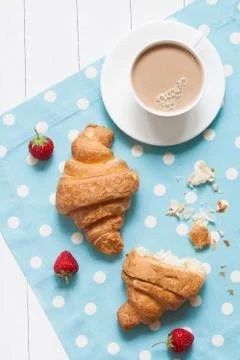 Concept of perfect breakfast or lunch, croissasnt traditional pastry dessert Stock Photos