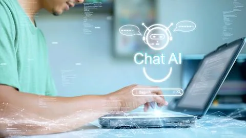 The concept of a person using a computer to connect to Chat AI technology t.. 스톡 사진