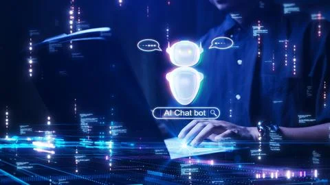 The concept of a person using a computer connected to AI Chatbot technology.. Foto stock