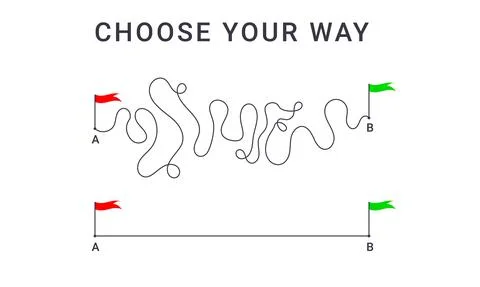 Concept of plan, easy expectation and complicated reality way. Complex messy Stock Illustration