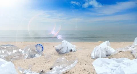Concept on the pollution of beaches with plastic Stock Photos