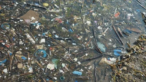 Concept of pollution of seas, lakes and rivers. Plastic trash and waste floating Stock Footage 197386375