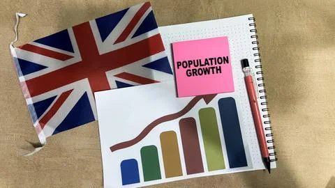 Concept of Population Growth write on sticky notes and Flag of the england Stock Photos