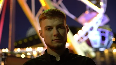 Concept portrait of young handsome pretty emotional bearded man laughing at the Stock Footage 117630221
