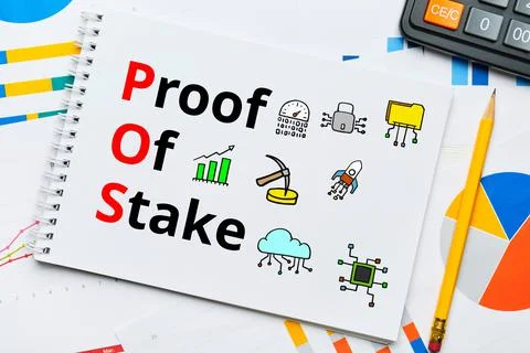 Concept pos and Proof of Stake with abstract icons. Stock Photos