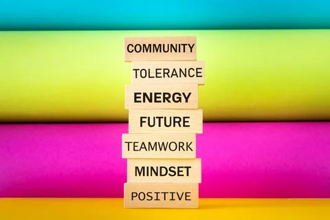 Concept, positive thinking and development, slogans on wooden blocks, Stock Photos