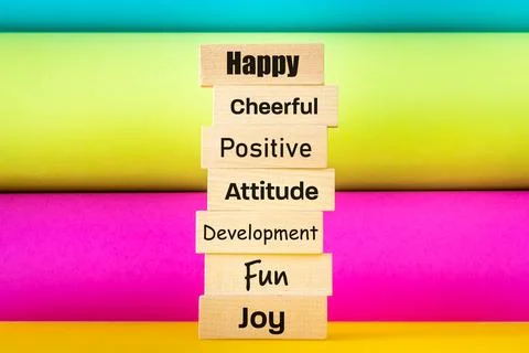 Concept, positive thinking and development, slogans on wooden blocks, Happy.. Stock Photos