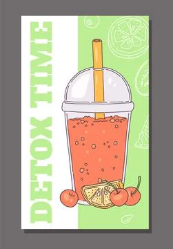 Concept of poster for detox menu that features glass with drink of fresh fruits Stock Illustration