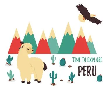 Concept poster explore Peru with cute lama Stock Illustration