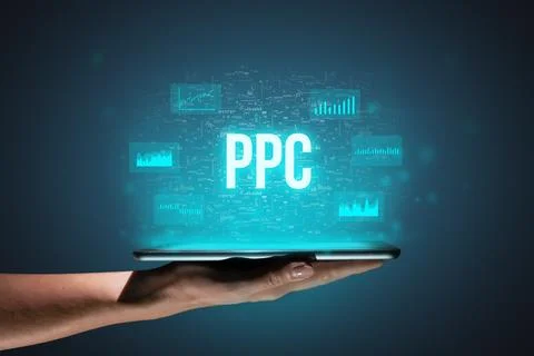 Concept PPC or Pay per click. Business acronym. Holographic icons and text over Stock Photos