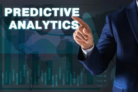 Concept of predictive analytics. Businessman pointing at phrase on virtual sc Stock Photos