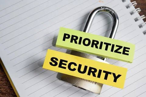 Concept of Prioritize Security write on sticky notes and padlock 스톡 사진