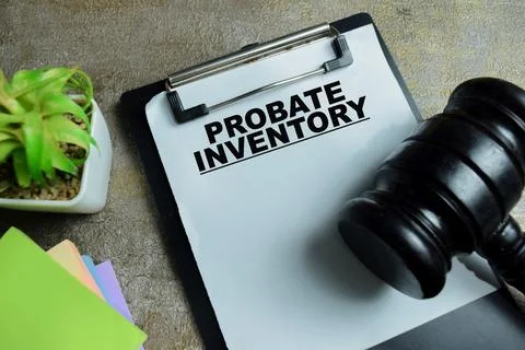 Concept of probate inventory write on clipboard isolated on Wooden Table Stock Photos