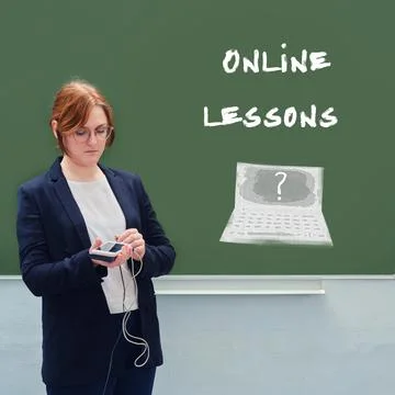 Concept problems with distance education. School teacher and the text "online Stock Photos
