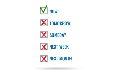 Concept of procrastination with now or later Stock Illustration
