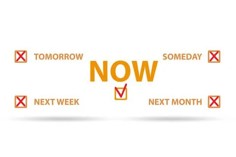 Concept of procrastination with now or later Illustrazione stock