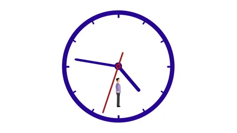 Concept of procrastination. Office worker standing inside the clock doing Stock Footage 142992938