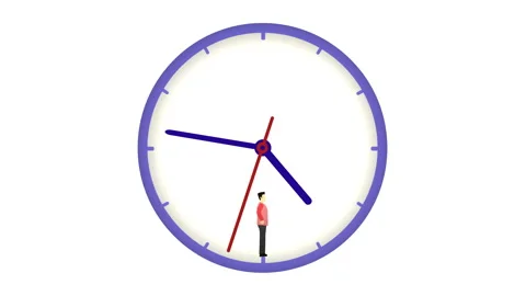 Concept of procrastination. Office worker standing inside the clock doing Stock Footage 142992958