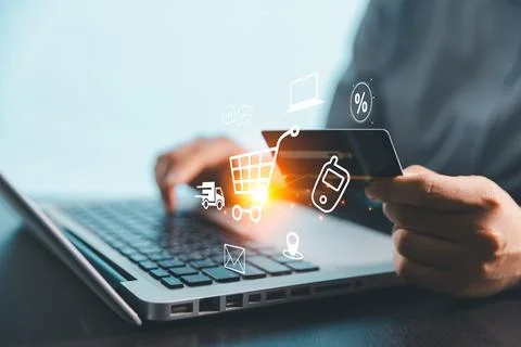 Concept of procurement technology shopper using computer or laptop for onli.. Stockfoto's