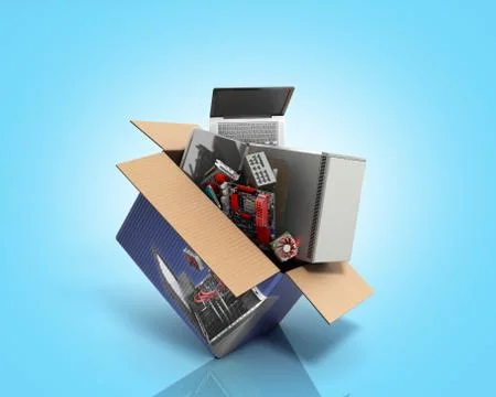 Concept of product categories computers and accessories fly out of the box 3d Stock Illustration