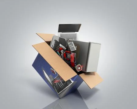Concept of product categories computers and accessories fly out of the box 3d Stock Illustration