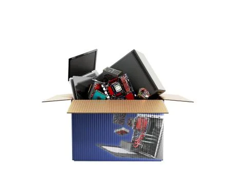 Concept of product categories computers and accessories crashes out of the bo Stock Illustration