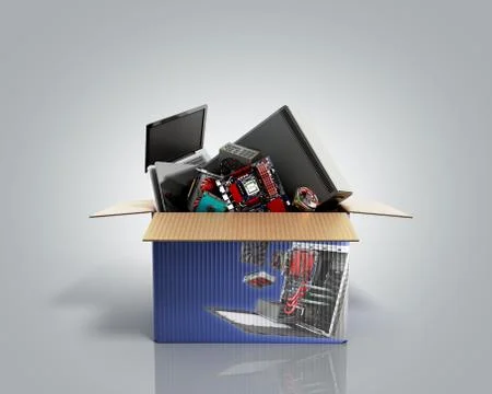 Concept of product categories computers and accessories crashes out of the bo Illustrazione stock