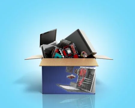 Concept of product categories computers and accessories crashes out of the bo Illustrazione stock