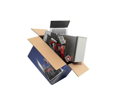 Concept of product categories computers and accessories fly out of the box 3d Stock Illustration