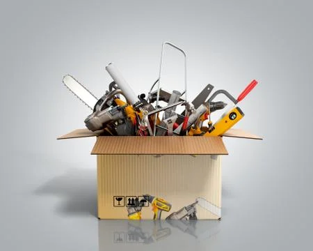 Concept of product categories construction tool in the box 3d render on grey Stock Illustration