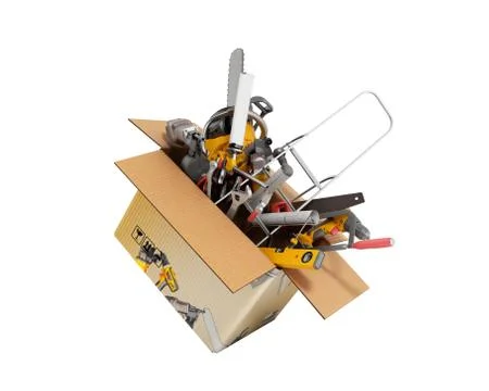 Concept of product categories construction tool fly out of the box 3d render Stock Illustration