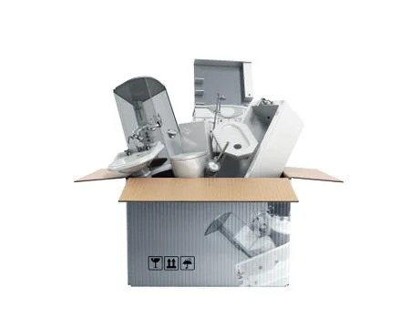 Concept of product categories sanitary engineering in the box on white backgr Stock Illustration