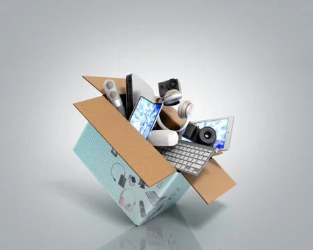 Concept of product categories small consumer electronics fly out of the box 3 Stock Illustration