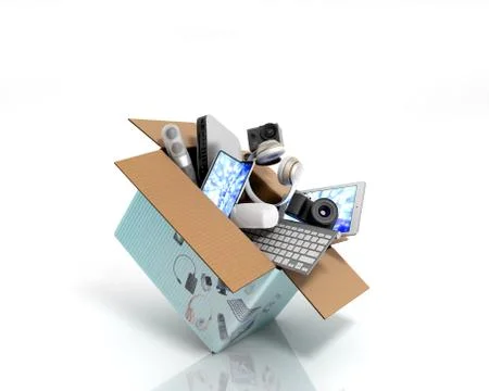 Concept of product categories small consumer electronics fly out of the box 3 Stockillustratie