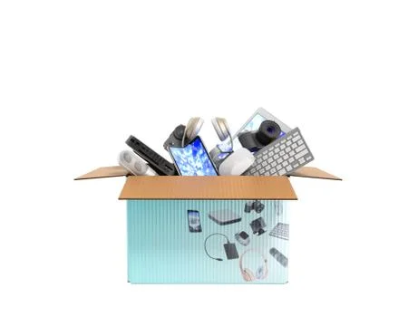 Concept of product categories small consumer electronics in the box 3d render Illustrazione stock
