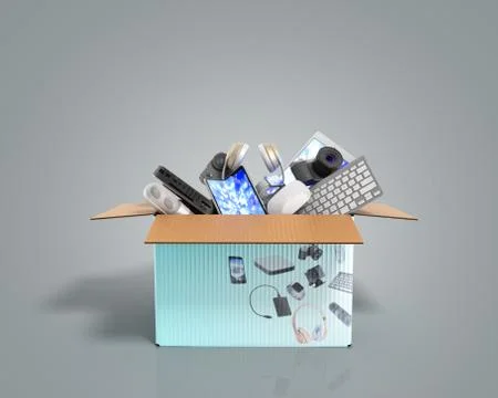 Concept of product categories small consumer electronics in the box on grey b Stock Illustration