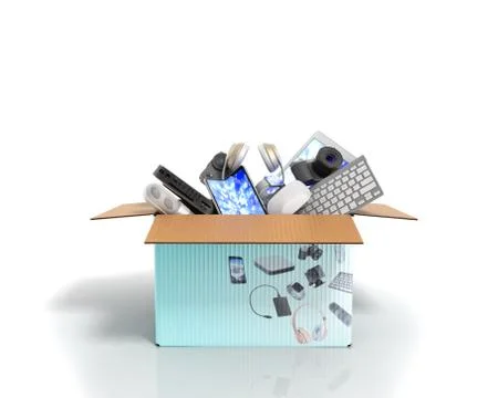 Concept of product categories small consumer electronics in the box on white Stock Illustration