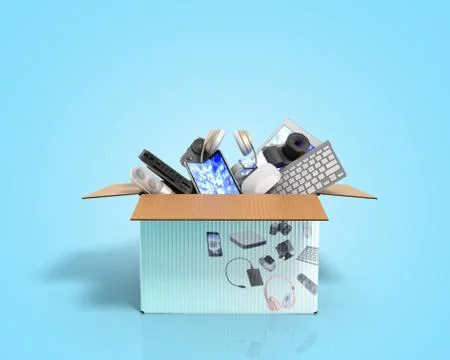 Concept of product categories small consumer electronics in the box on blue b Stockillustratie