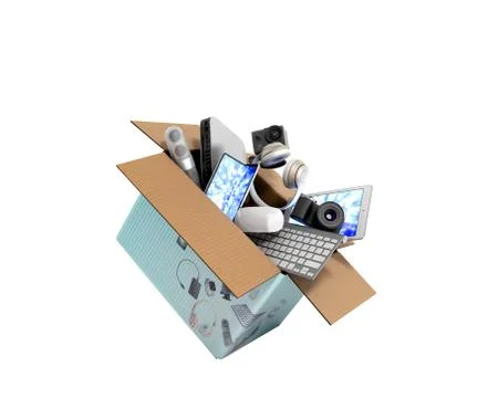 Concept of product categories small consumer electronics fly out of the box 3 Stock Illustration